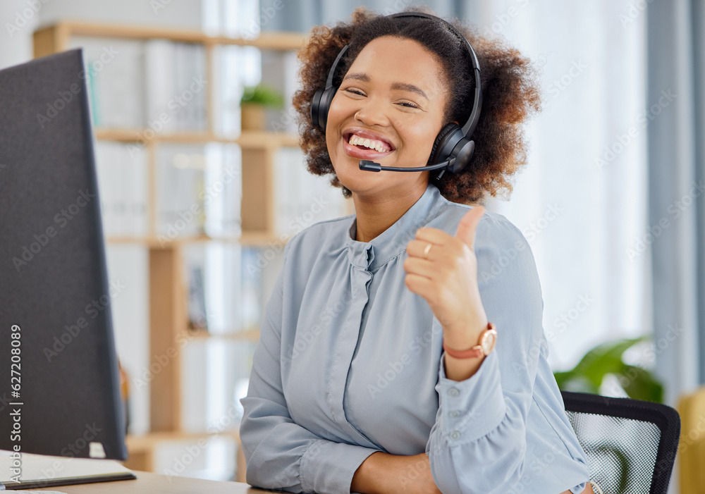 Callcenter, portrait and happy woman at help desk with thumbs up for advice, sales and telemarketing