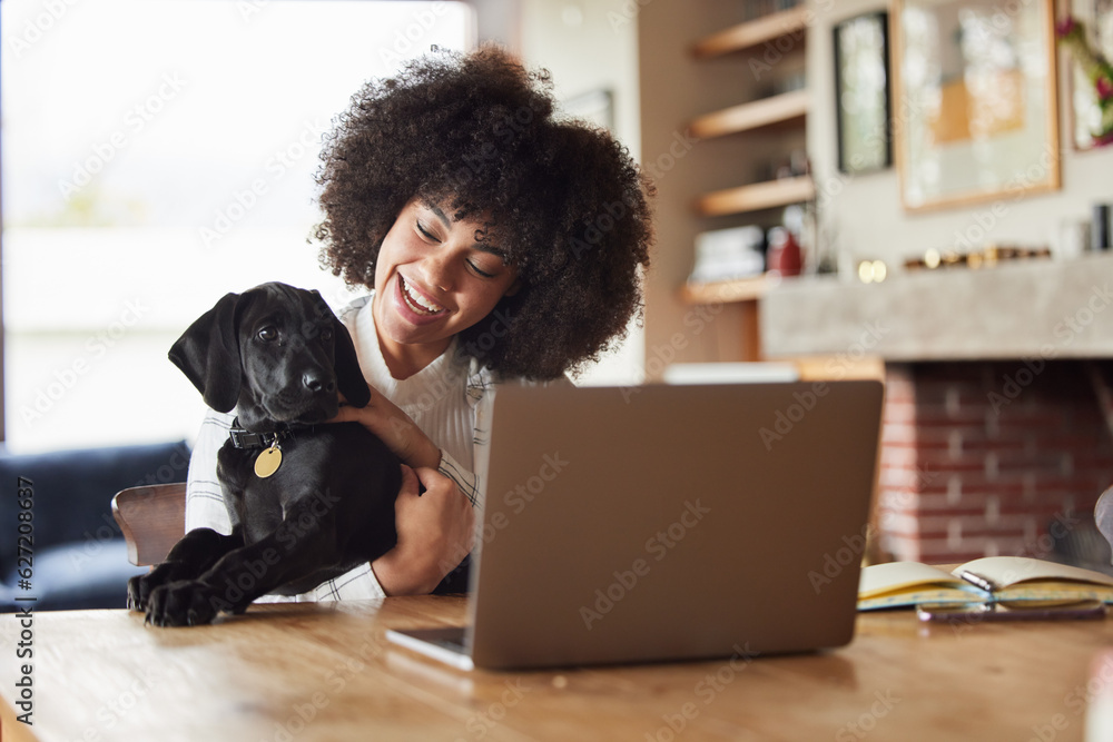 Home, dog and woman with a laptop, smile and bonding with connection, playing and love in the lounge