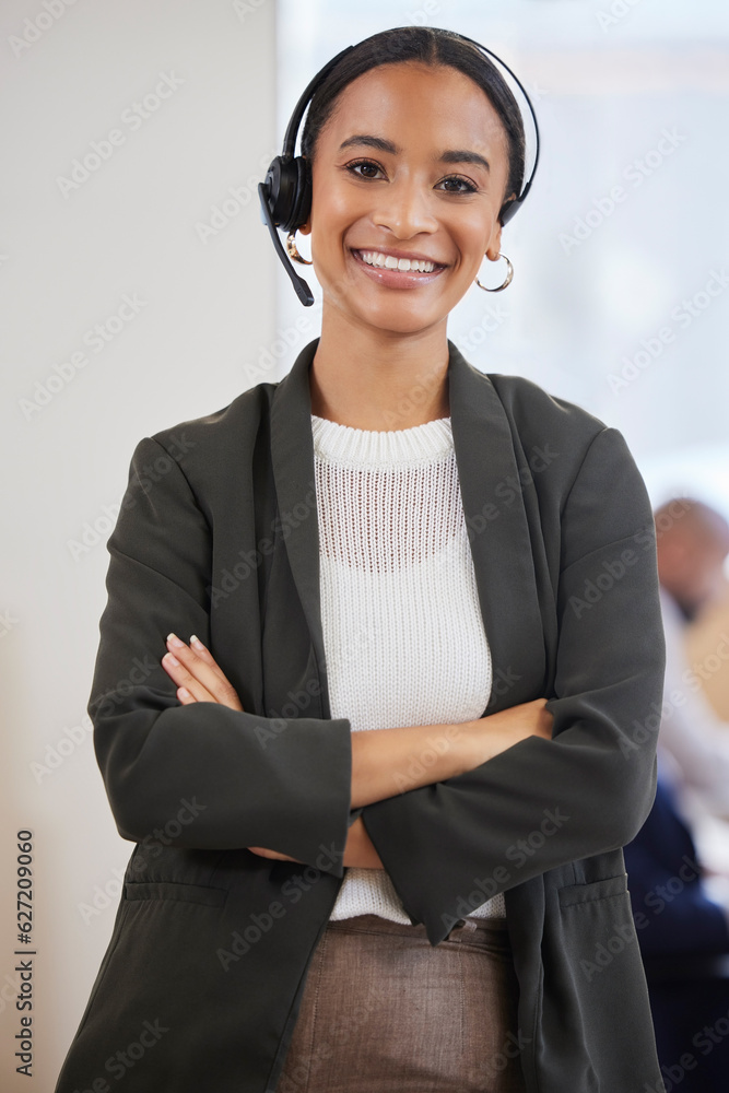 Portrait, telemarketing and woman with arms crossed, call center and confident representative. Face,