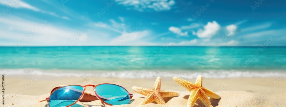 Beautiful colorful background for summer beach holiday. Sunglasses, starfish, turquoise flip-flops o