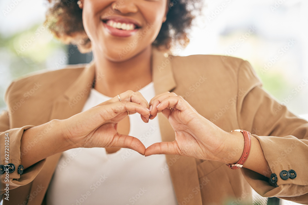 Hands, heart and business woman with love emoji for care, kindness and like in office. Closeup of ha