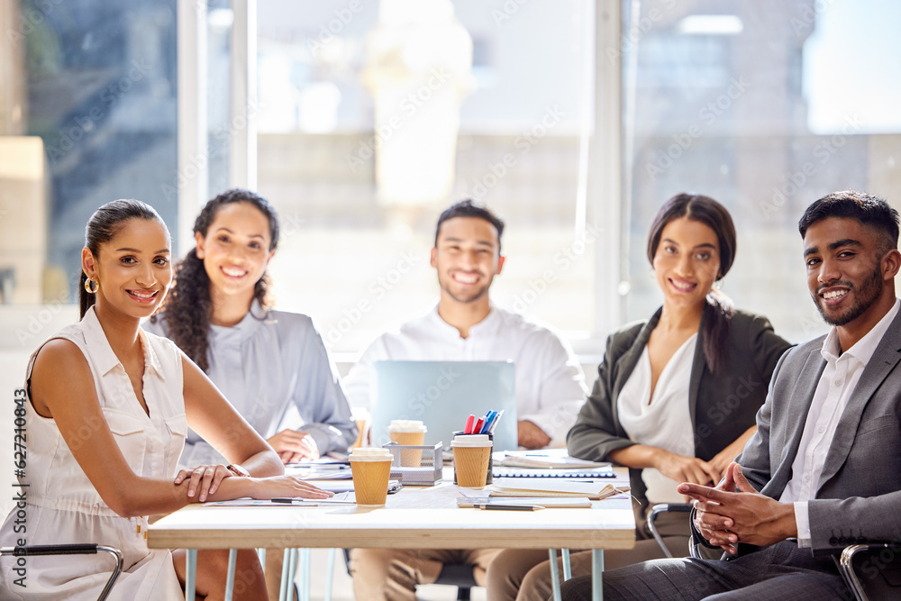 Business people, portrait and group with smile, meeting and teamwork for collaboration at insurance 