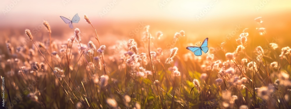 Beautiful fluffy wild grass and fluttering butterflies in field on nature in spring summer in rays o