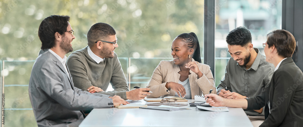 Business people, boardroom and meeting with talk, laugh and comic joke together at financial agency.