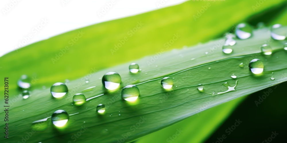 Beautiful transparent natural dew drops or rain on fresh grass leaf isolated on white background. Cl