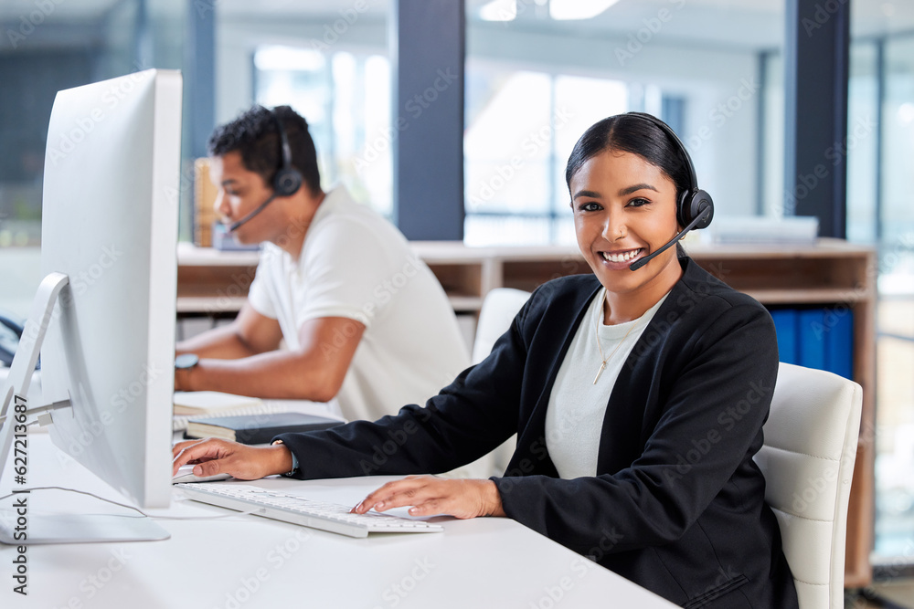 Call center, customer service and portrait of a woman consultant in the office for crm communication