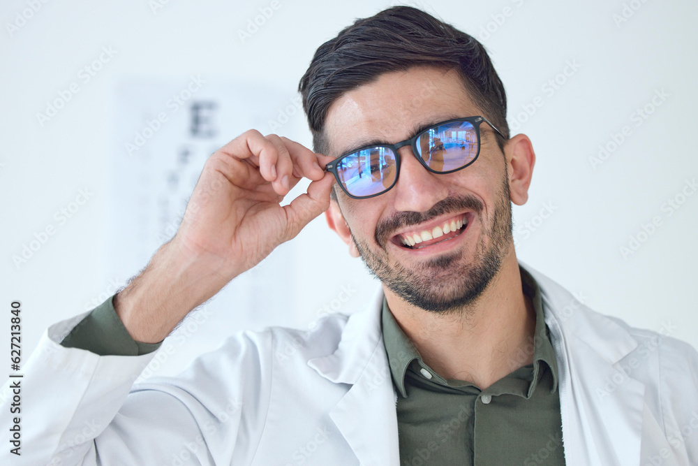 Face, man and happy optometrist with glasses for vision, healthcare or wellness. Portrait, smile and