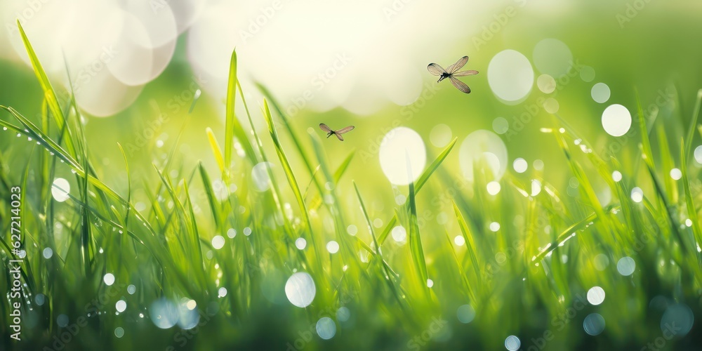 Beautiful wide format image of a morning in nature with bright fresh grass with dew drops, dragonfli