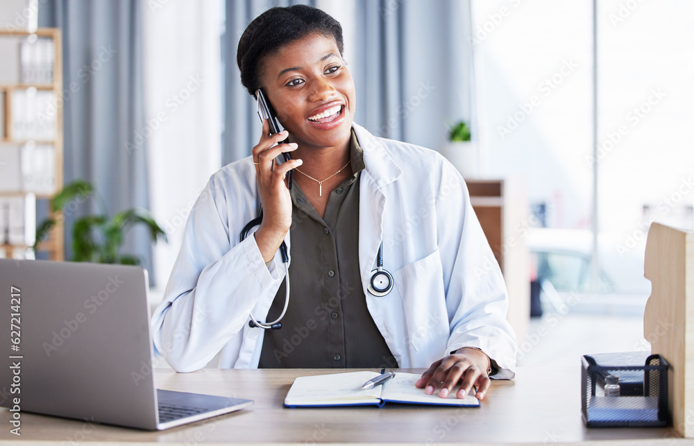 Black woman, doctor and phone call for healthcare consulting, conversation or chat support in clinic