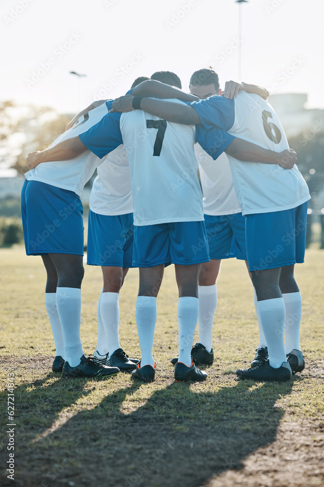 Soccer, support or team in a huddle for motivation, goals or group mission on a field for a sports g