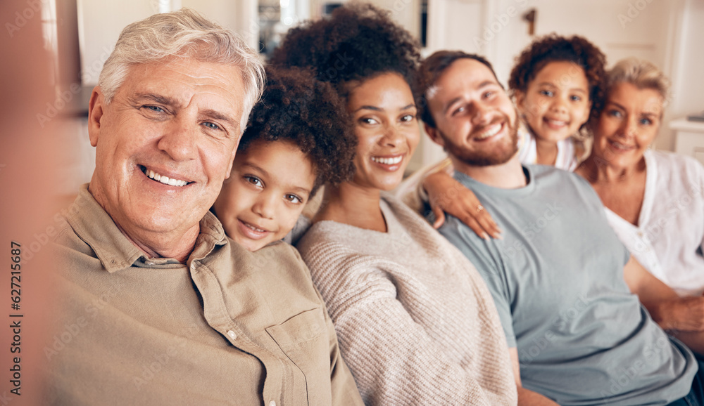 Happy big family, portrait and selfie on sofa for holiday weekend, break or bonding together in rela