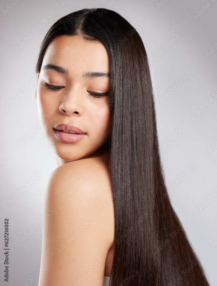 Hair, hairstyle and woman with beauty and salon haircare, cosmetic care and elegance isolated on stu