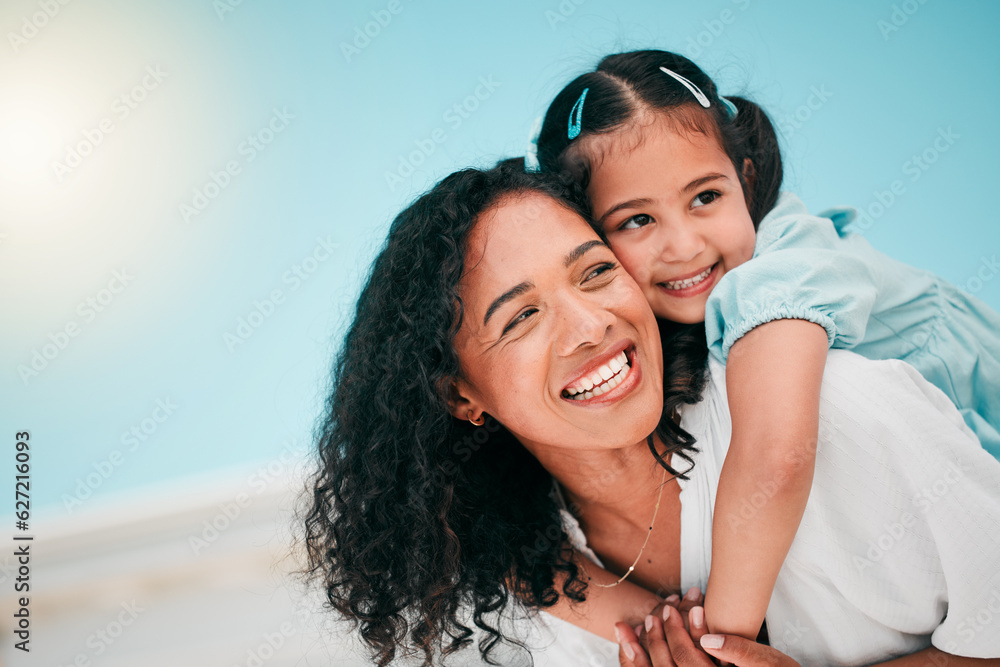 Love, piggyback and mother with her girl child in the outdoor garden at their family home. Happy, sm