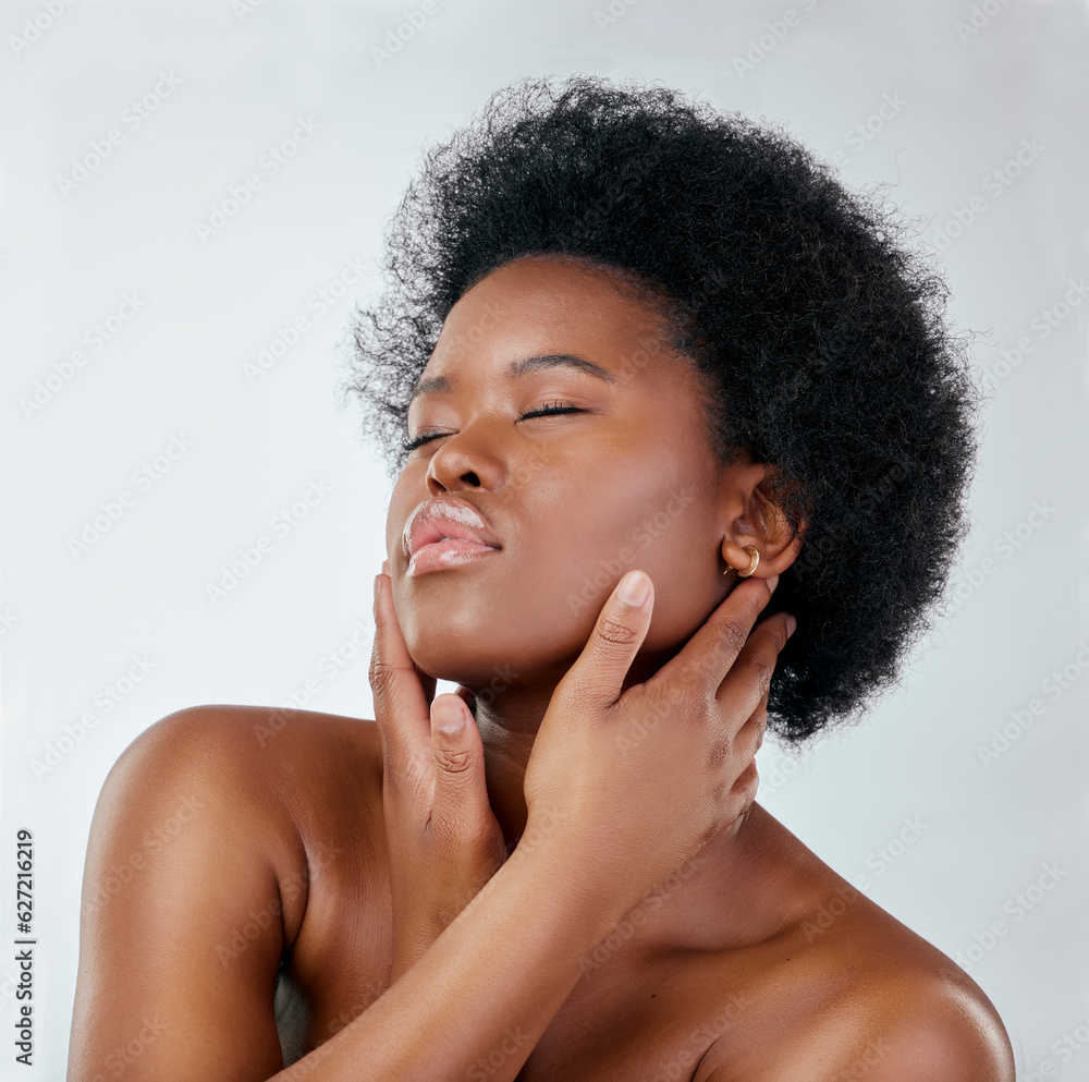 Afro, beauty and skincare with black woman or cosmetics in studio background for glow. Natural, face