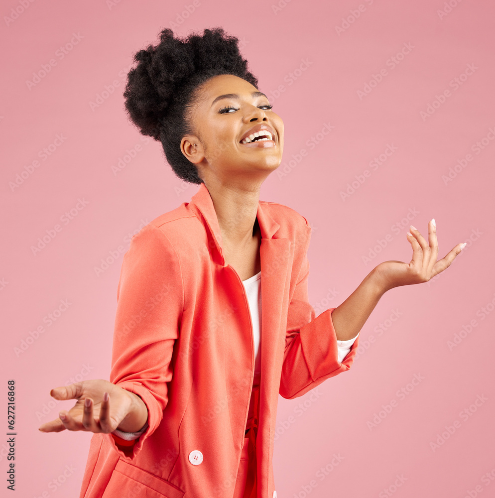 Smile, excited and portrait of a woman in a studio with a doubt, choice or decision gesture. Happy, 