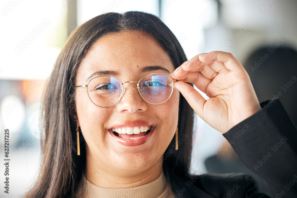 Eye care, happy and portrait of woman with glasses for eyesight, prescription lens frame or optical 