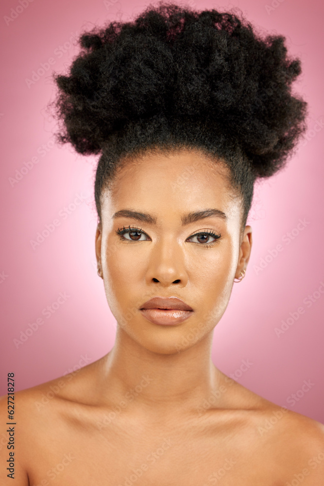 Portrait, skincare and black woman with makeup, dermatology and grooming against a pink studio backg