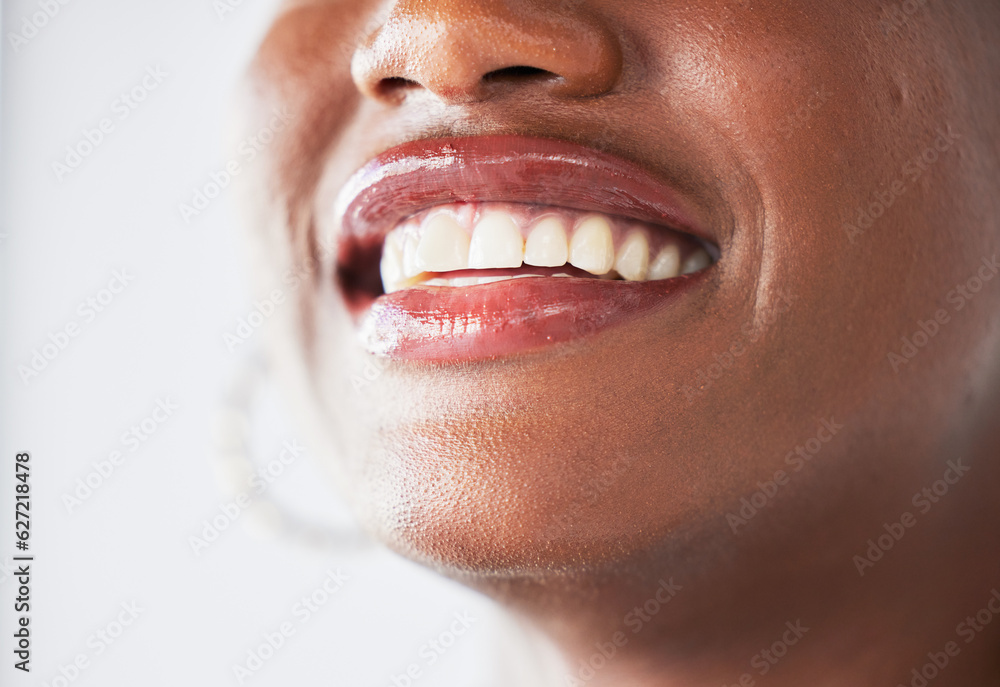 Happy, lips and beauty with a woman closeup in studio on a gray background for makeup or cosmetics. 