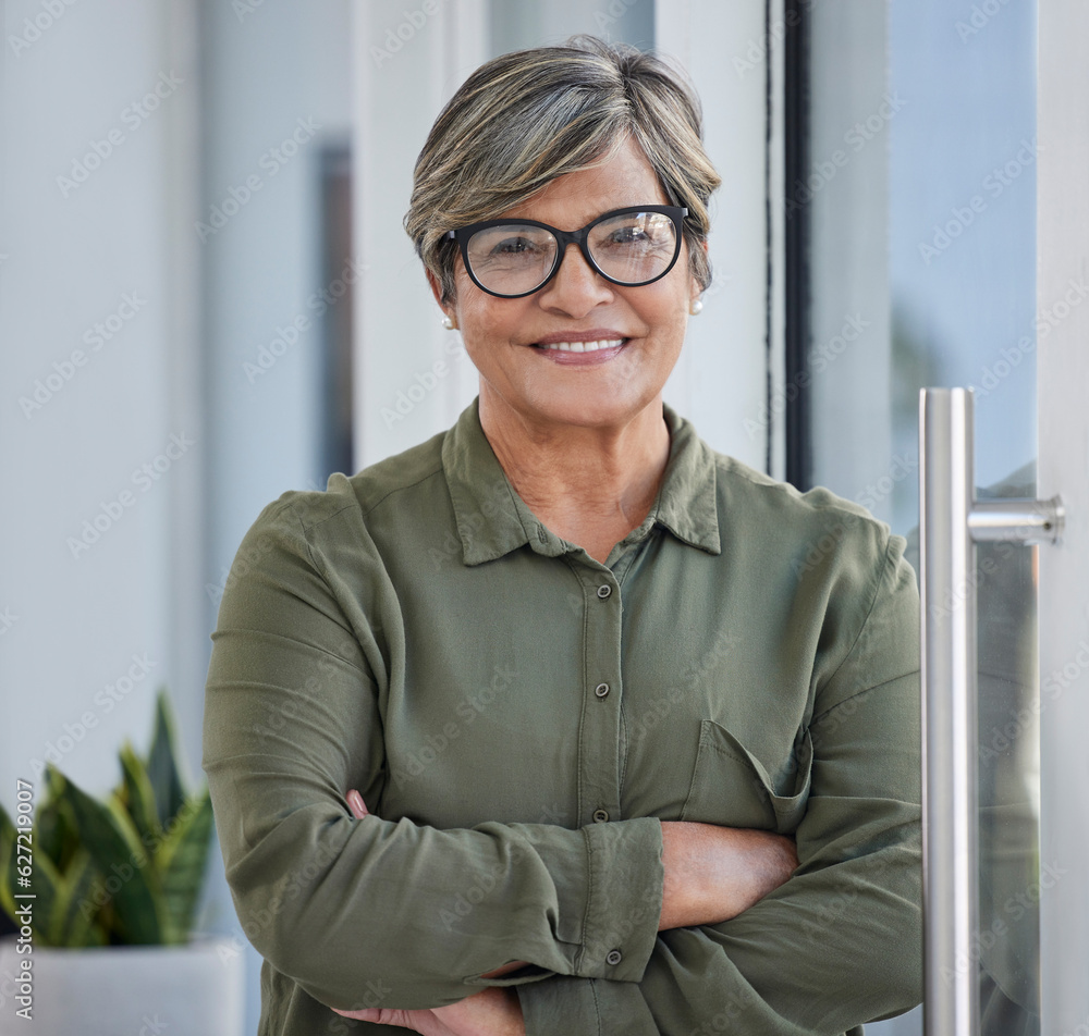 Portrait, arms crossed and business woman for workplace management, career mindset and happy job. Pr