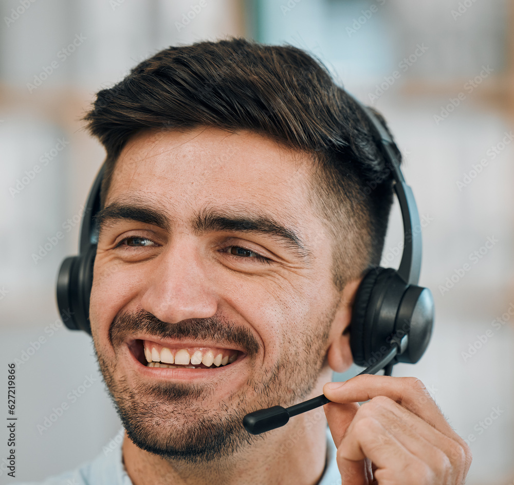 Telemarketing, consulting and face of man in call center for customer service, lead generation or CR