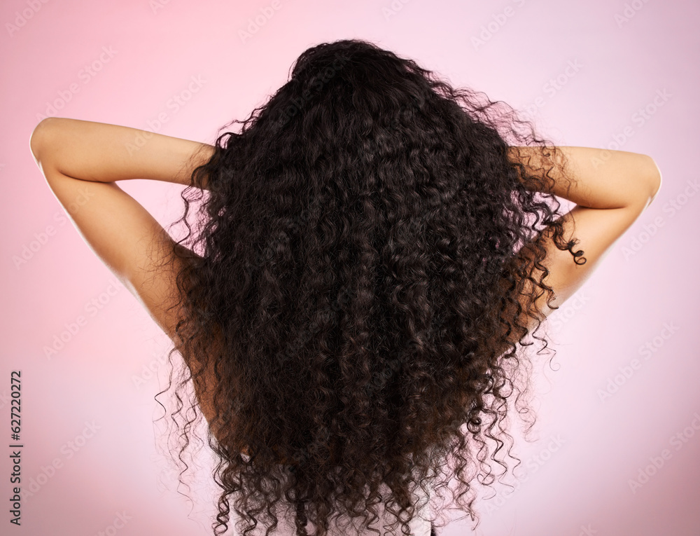 Hair, beauty and back of woman with hairstyle transformation and curly texture. Model, salon treatme