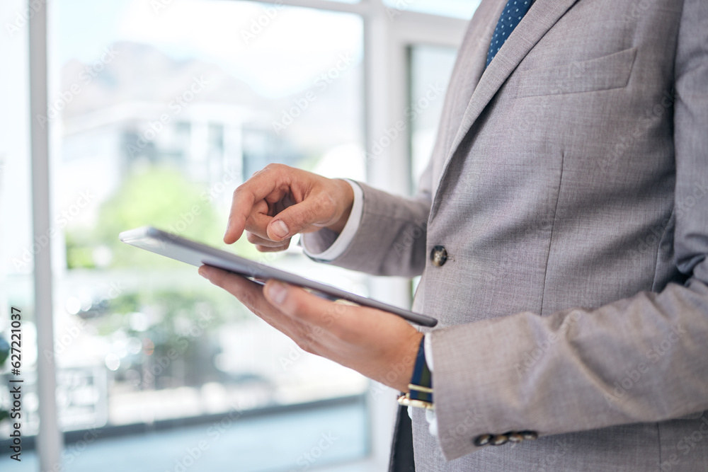 Hands, tablet and professional man with research in office for project management for career. Closeu