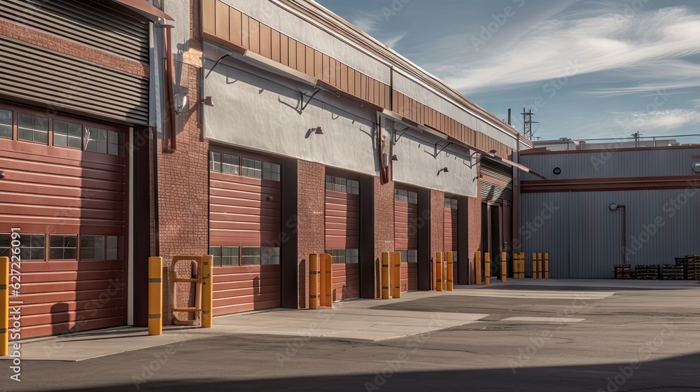 Realistic render of large logistic business transport warehouse dock station. Factory and transport 