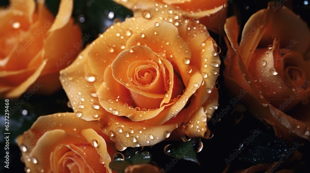 Orange Roses flowers with water drops background. Closeup of blossom with glistening droplets. Gener