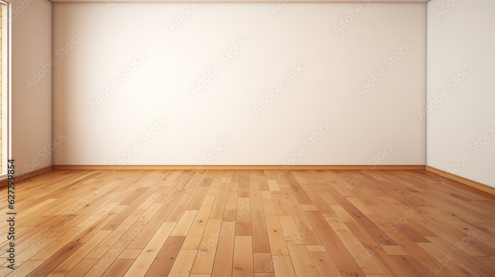 Beige wall empty apartment room with wooden floor. Copy space for product placement. Generative AI