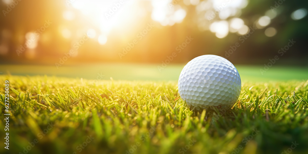 Close-up of golf ball on green grass of golf course, sunny day, blurred backdrop. Generative AI