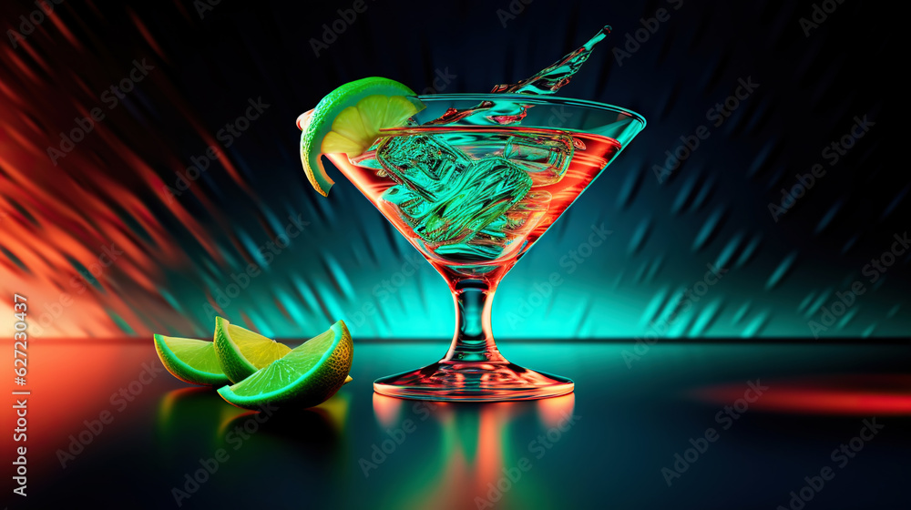 Glass of cocktail in hypnotic neon light. Colorful rave party drink. Generative AI