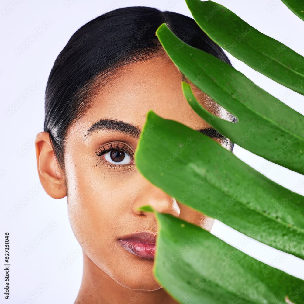 Skincare, leaf and portrait of woman in studio for natural, cosmetic or organic treatment on grey ba