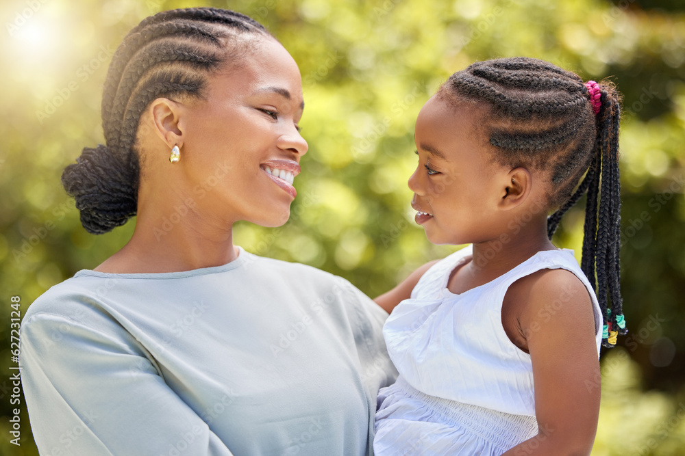 Love, happy and mother with daughter in nature for bonding, free time and smile. Happiness, spring a