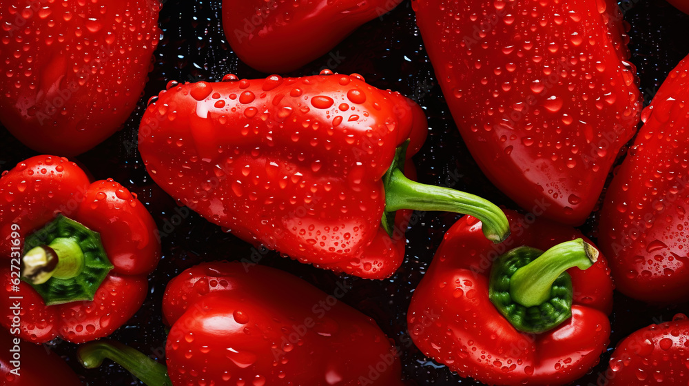 Fresh red bell peppers with water drops background. Vegetables backdrop. Generative AI