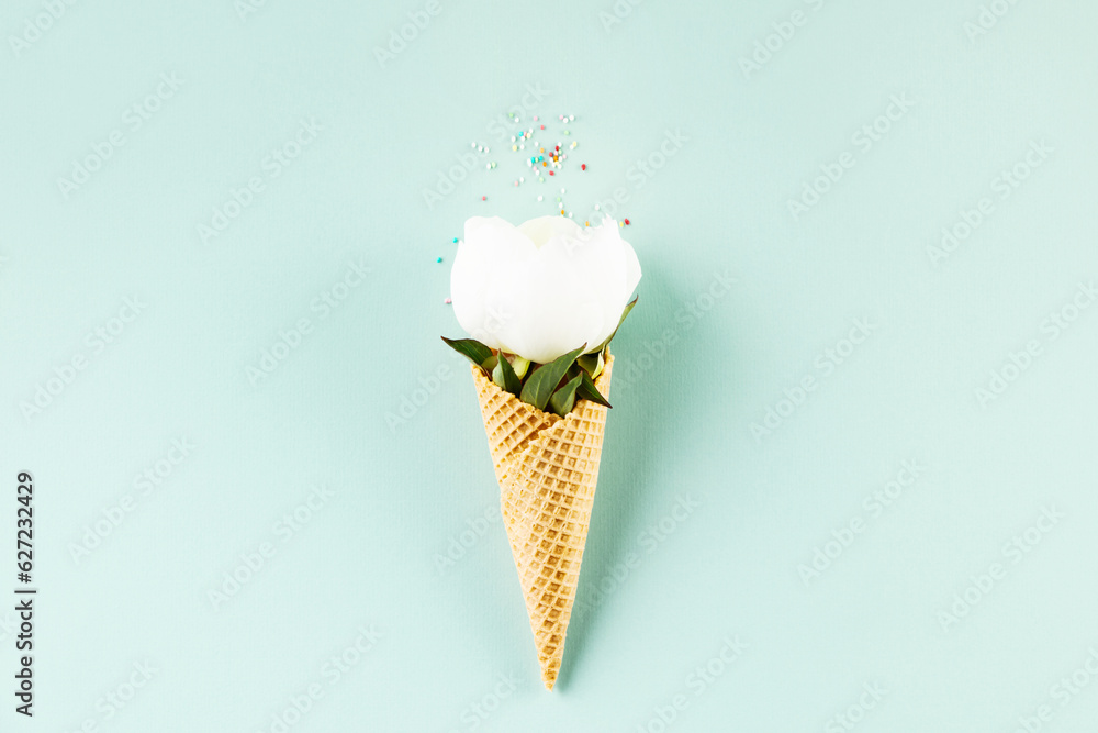 Flat-lay of waffle cone with peony flower over pastel light blue background, top view