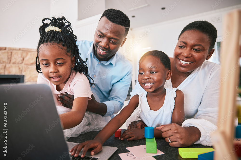 Black family, laptop and elearning, education and happiness, parents help children with school work.