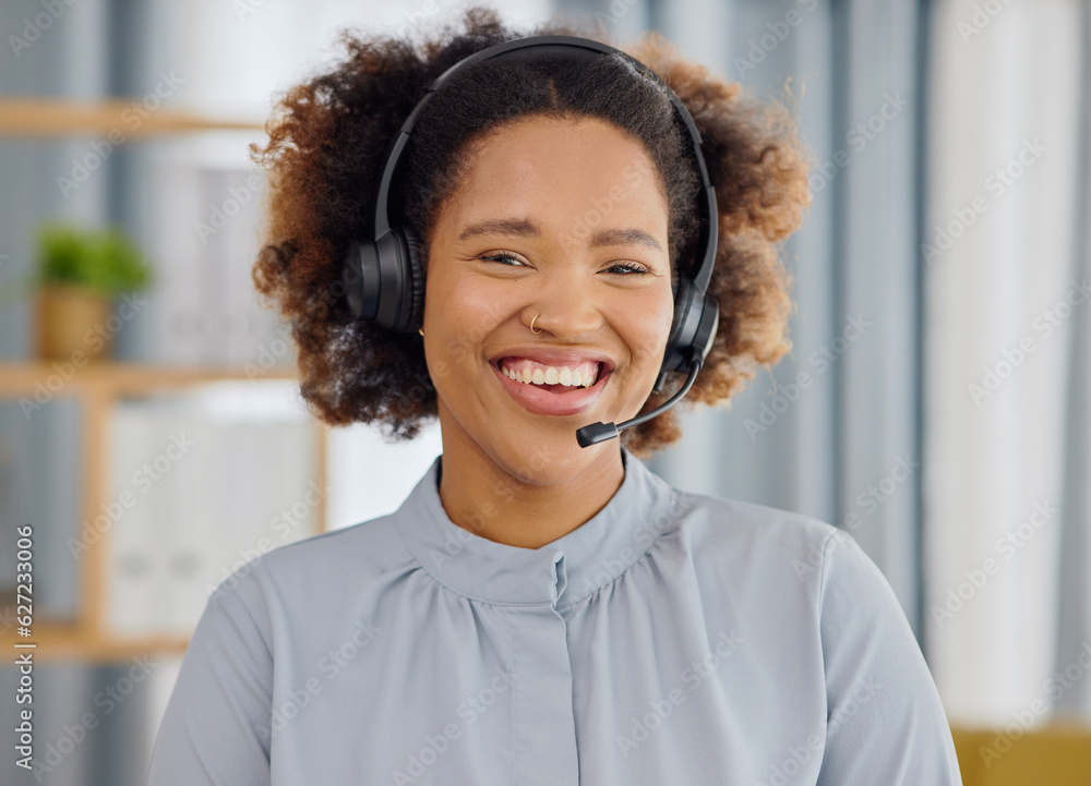 Call center, smile and portrait of woman in office, sales and telemarketing in headset at help desk.