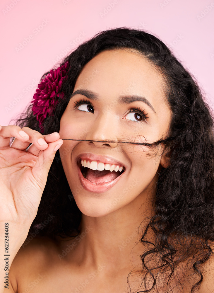 Hair care, wellness and young woman in a studio with natural, beautiful and long curls. Happy, smile