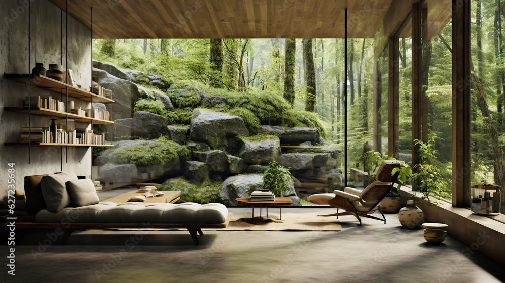 Modern room in house surrounded with forest. Large windows, organic architecture. Generative AI