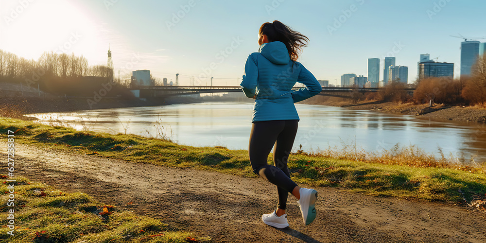 Young woman running on pier near river in morning. Generative AI