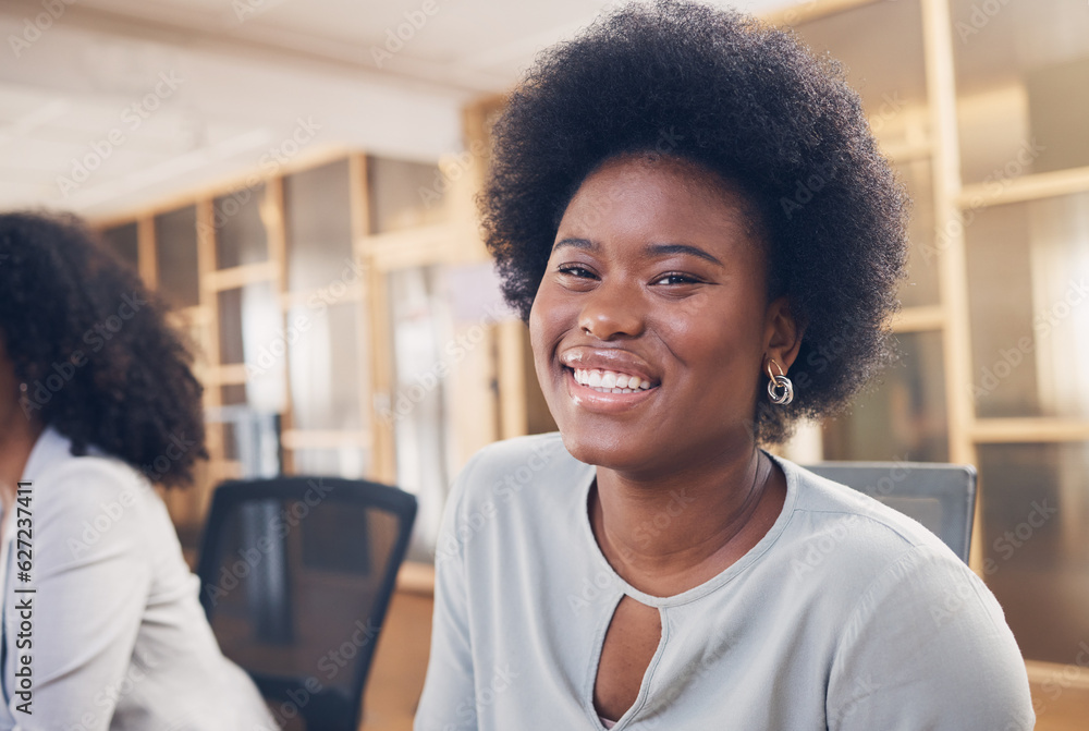 Portrait, business or happy black woman in office building startup agency with leadership, smile or 