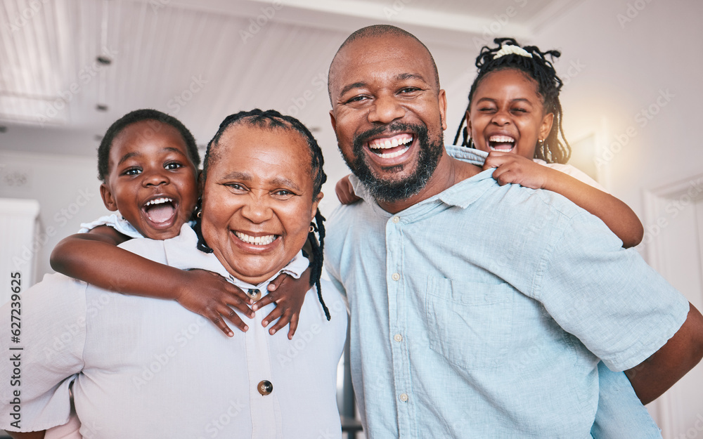 Portrait, grandmother and grandfather with black kids, smile and family bonding together in home. Af