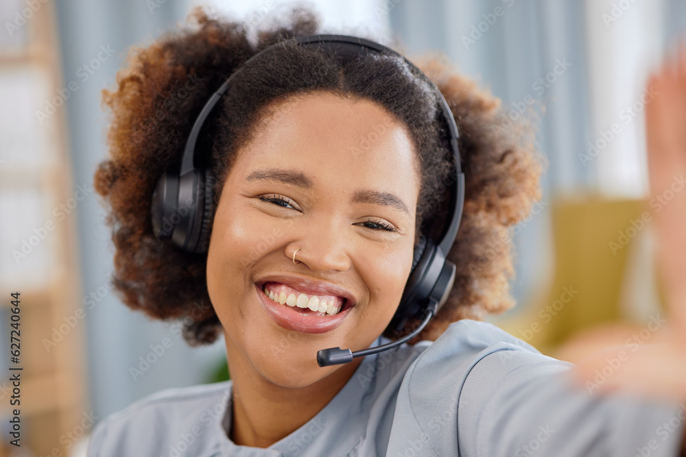 Callcenter, selfie and happy woman at help desk for advice, sales and telemarketing care in headset.