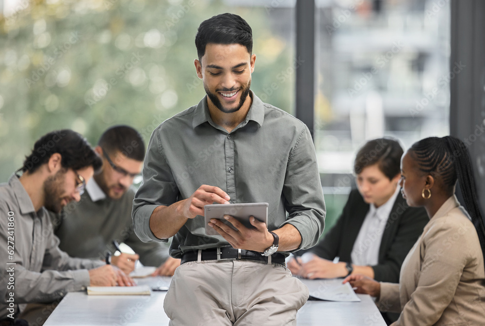 CEO, happy or businessman with tablet in meeting in startup company for networking online. Boss, man