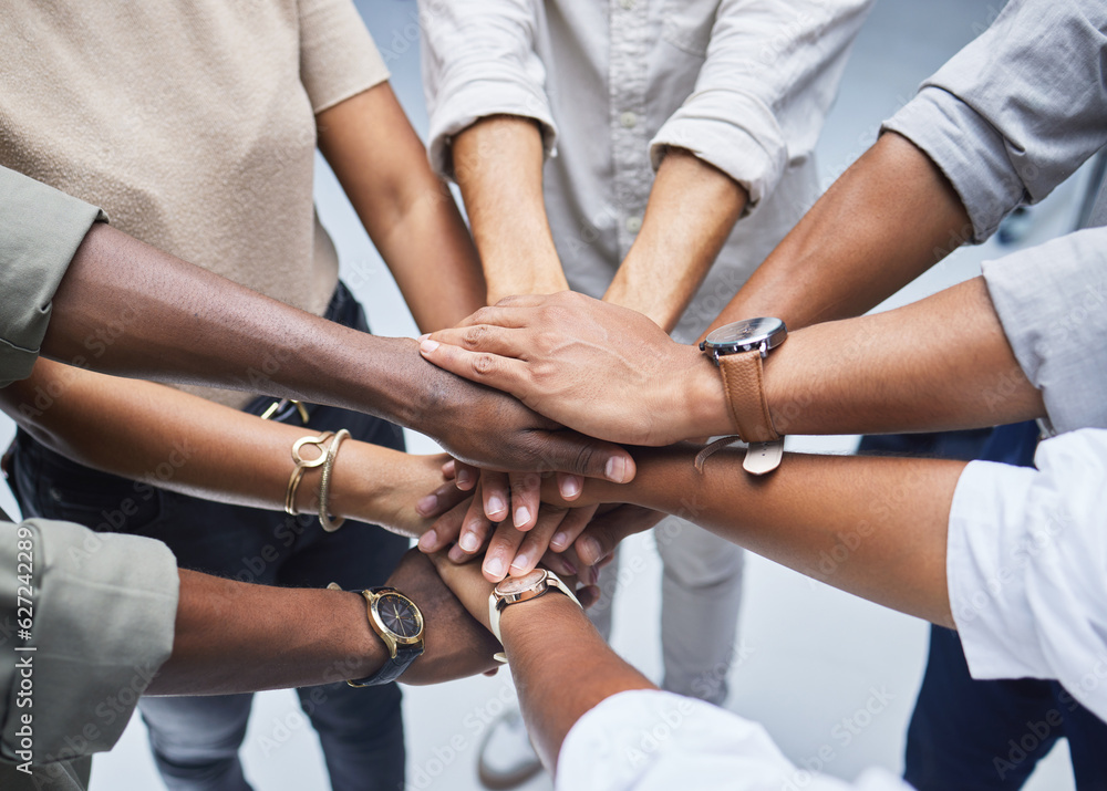 Hands, support and people together for teamwork, solidarity or group collaboration from above. Workf