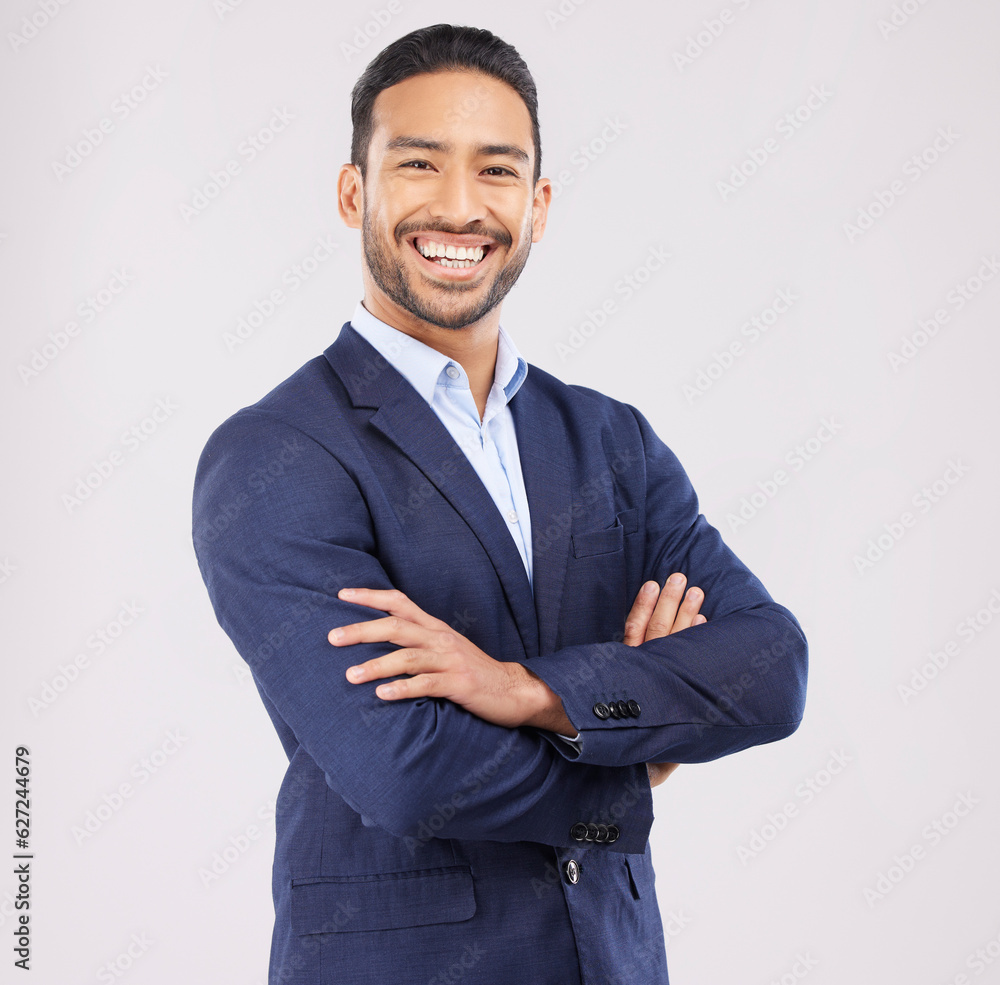 Portrait, business and asian man in studio with arms crossed for professional style of broker, finan