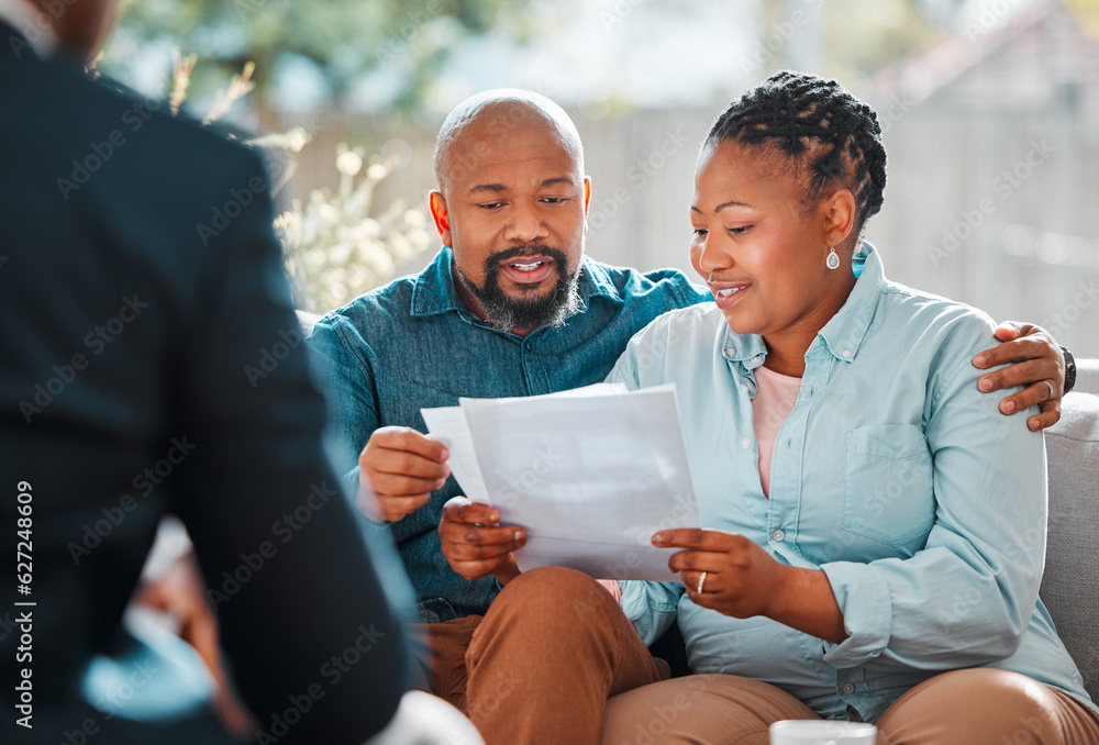 Happy couple, broker and contract in a house for a meeting or consultation for retirement advice. Fi