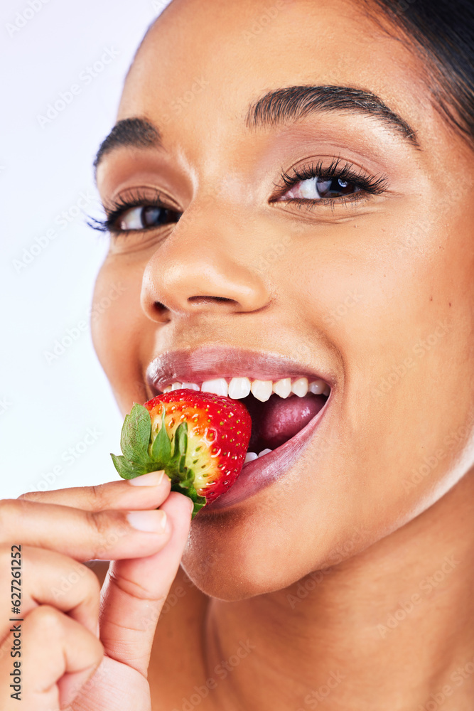 Portrait, strawberry and Indian woman in studio for health, diet and detox, nutrition and wellness. 