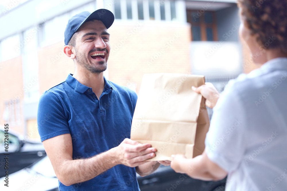 Happy man, delivery and paper bag in the city for courier service, fast food or online shopping at t