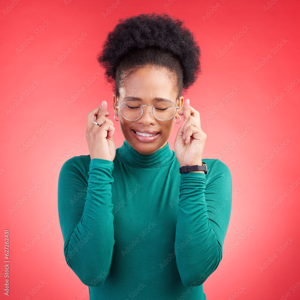 Fingers crossed, praying and black woman in studio with good luck sign for bonus, prize or giveaway 